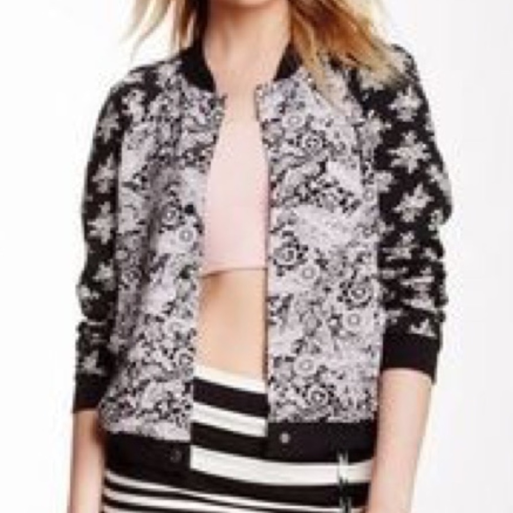 FREE PEOPLE Black Floral Snap Bomber Jacket S